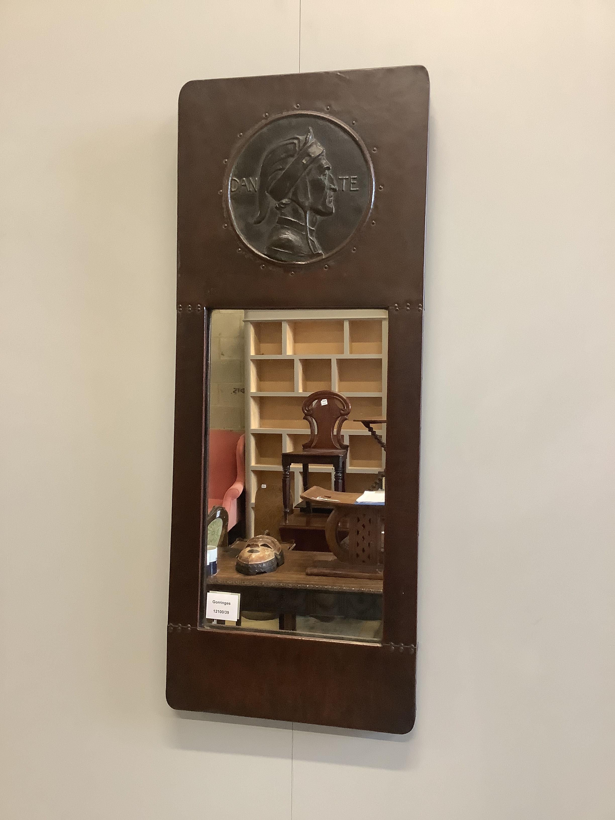 An Arts and Crafts Dante rectangular copper wall mirror, width 31cm, height 78cm